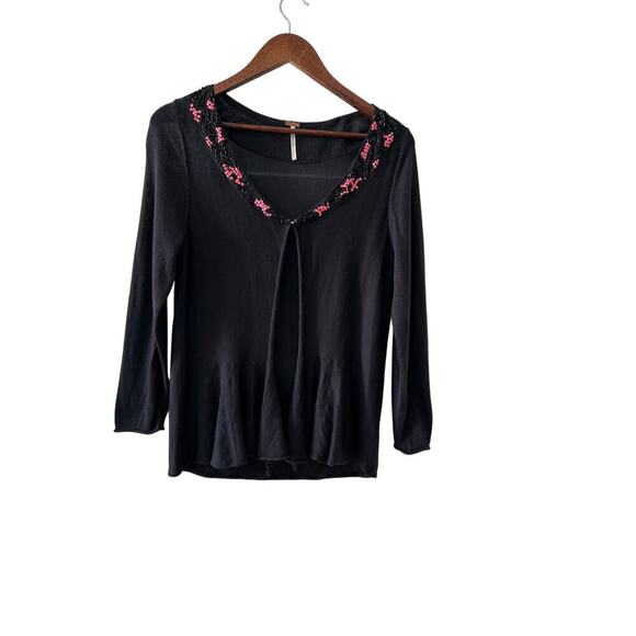Free People Embellished Cardigan Black Beads Sequins Size S Boho Y2K Style - Picture 1 of 8